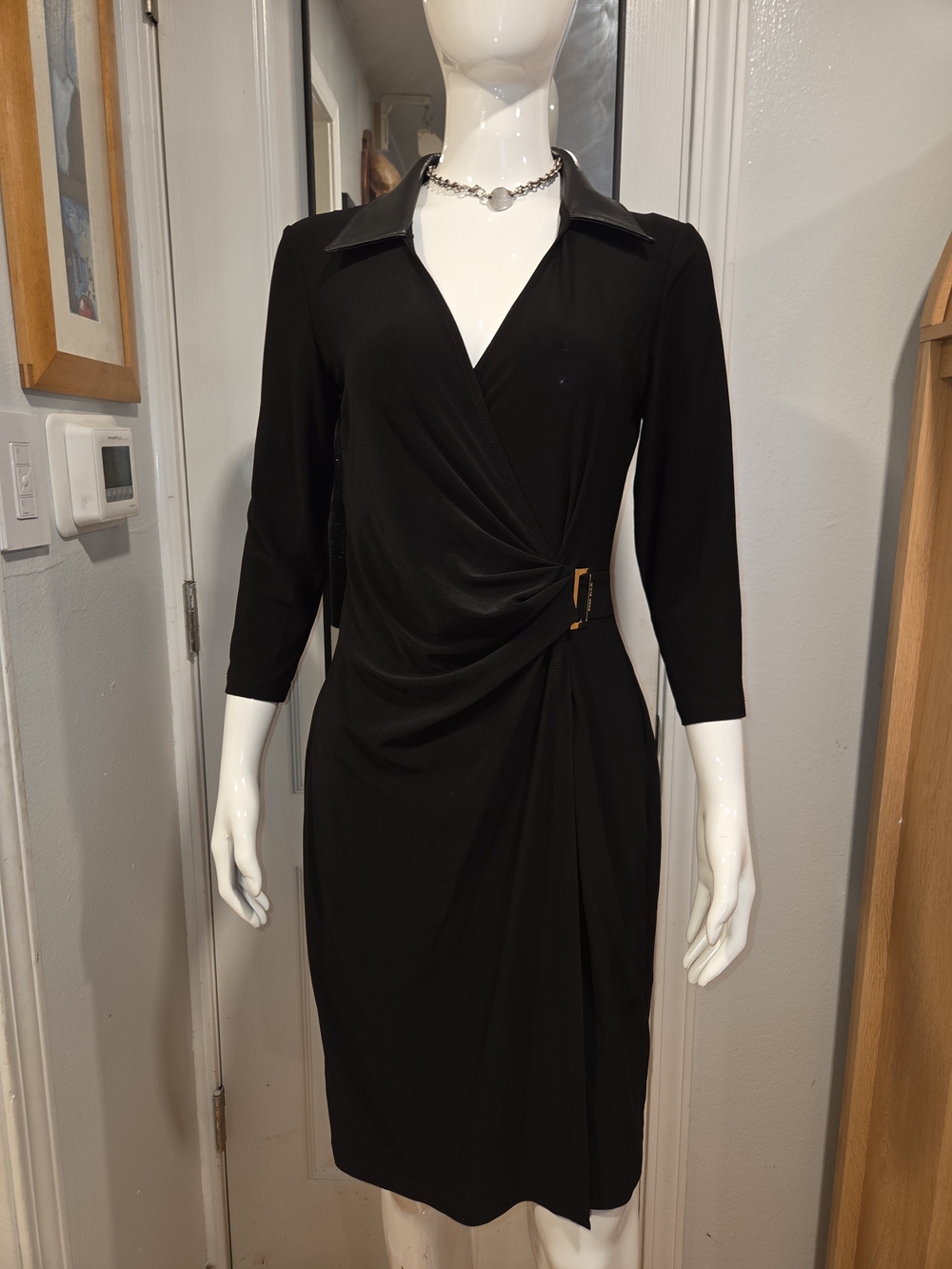 Anne Klein Black Wrap-Style Midi Dress with Gold Buckle